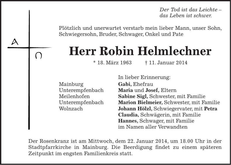 Traueranzeige Robin Helmlechner