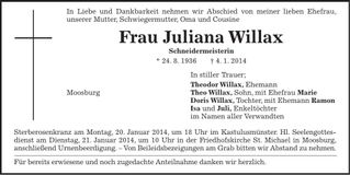 Traueranzeige Juliana Willax