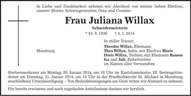 Traueranzeige Juliana Willax