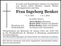 Traueranzeige Ingeborg Benker