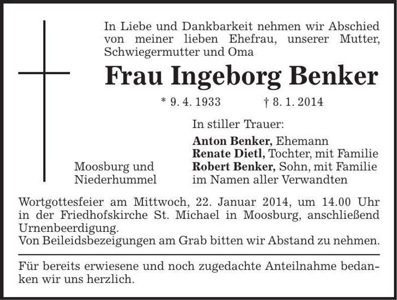 Traueranzeige Ingeborg Benker