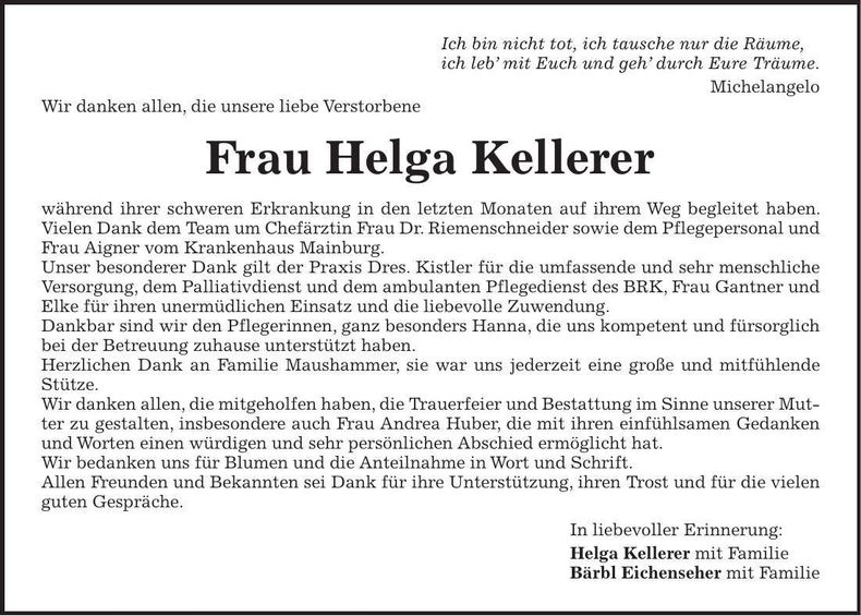 Traueranzeige Helga Kellerer