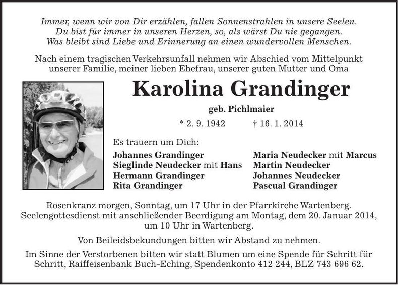 Traueranzeige Karolina Grandinger