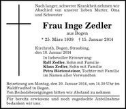 Traueranzeige Inge Zedler