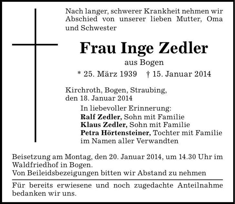 Traueranzeige Inge Zedler