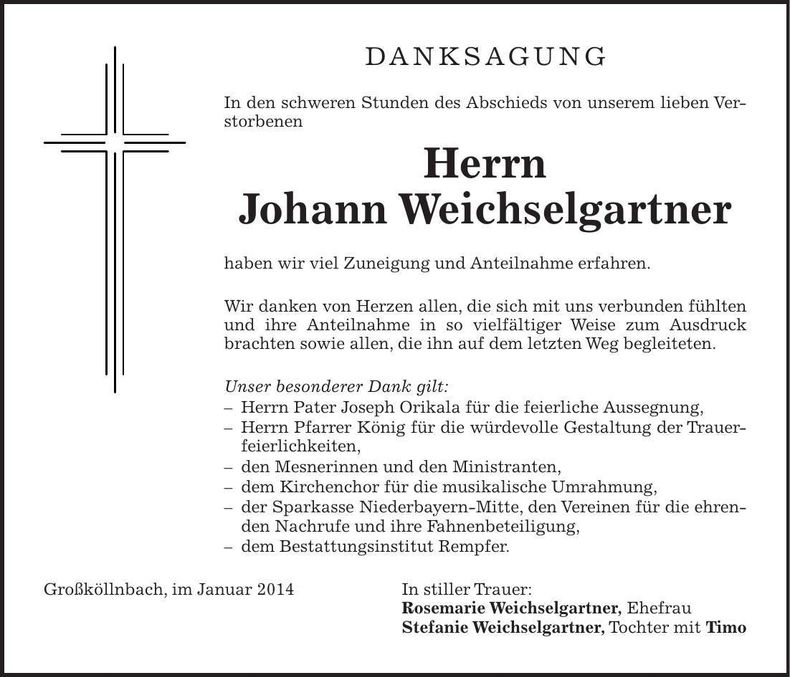 Traueranzeige Johann Weichselgartner