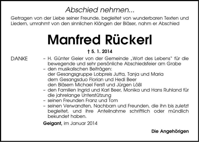 Traueranzeige Manfred Rückerl