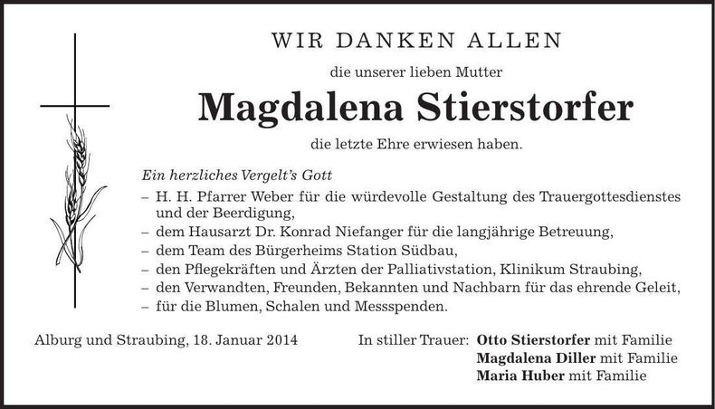 Traueranzeige Magdalena Stierstorfer