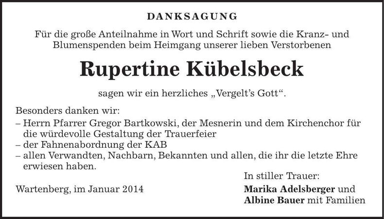 Traueranzeige Rupertine Kübelsbeck