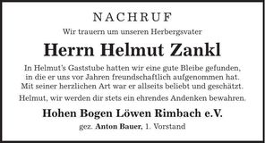 Traueranzeige Helmut Zankl