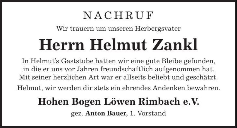 Traueranzeige Helmut Zankl