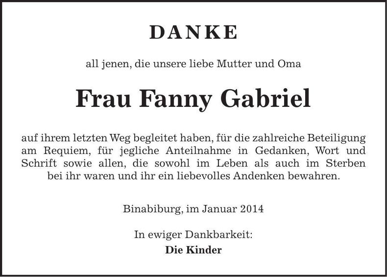 Traueranzeige Fanny Gabriel