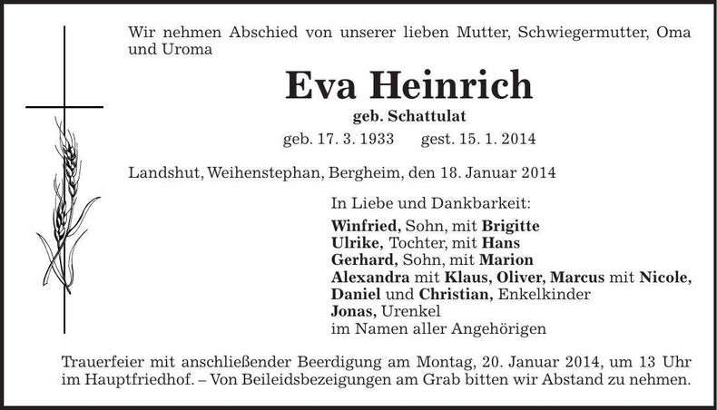 Traueranzeige Eva Heinrich