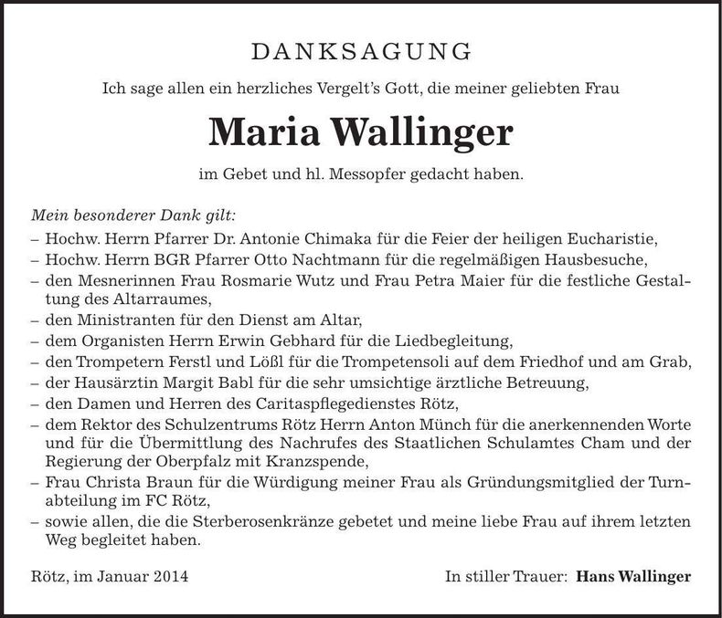 Traueranzeige Maria Wallinger