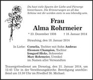Traueranzeige Alma Rohrmeier
