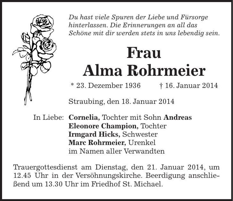 Traueranzeige Alma Rohrmeier