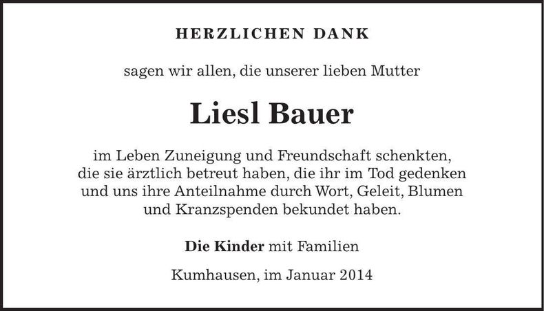 Traueranzeige Liesl Bauer