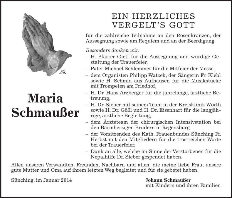 Traueranzeige Maria Schmaußer
