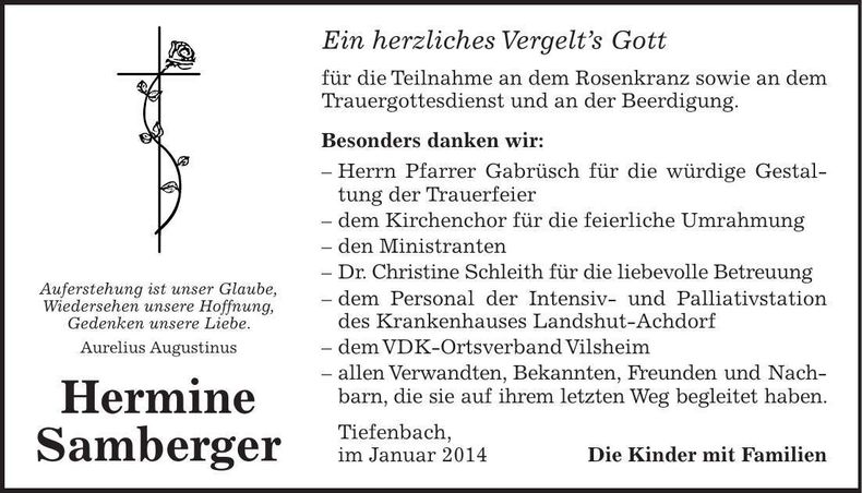 Traueranzeige Hermine Samberger
