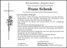 Traueranzeige Franz Schenk