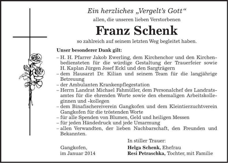 Traueranzeige Franz Schenk