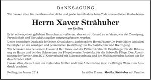 Traueranzeige Xaver Strähuber