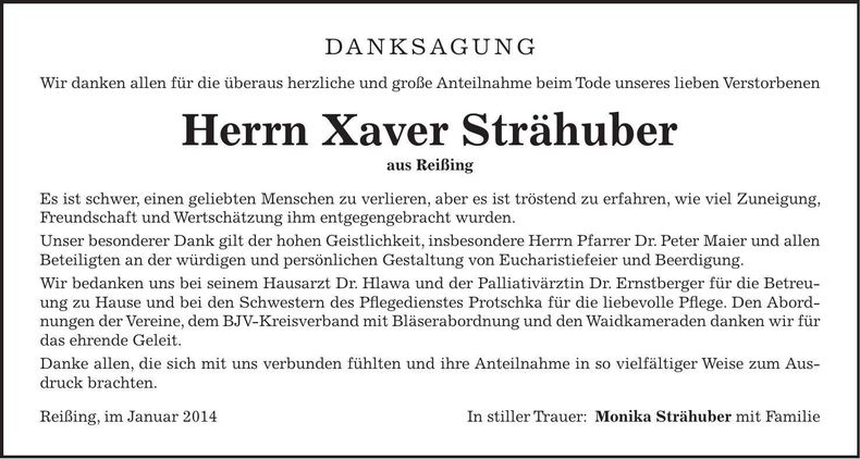 Traueranzeige Xaver Strähuber
