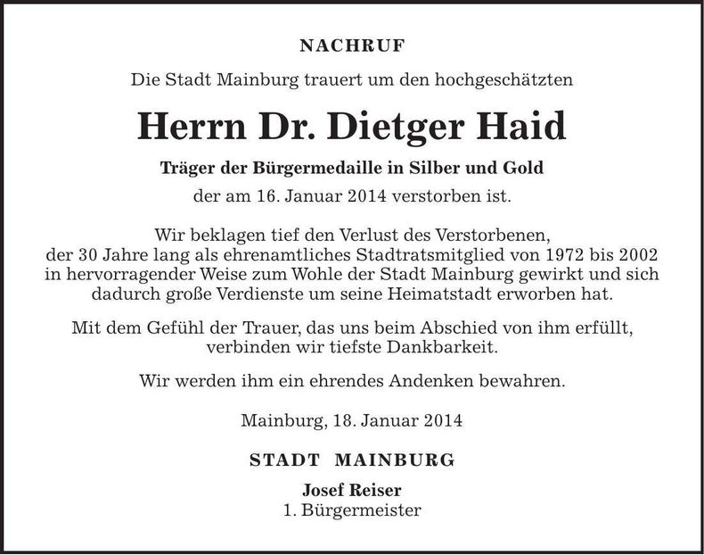 Traueranzeige Dietger Haid