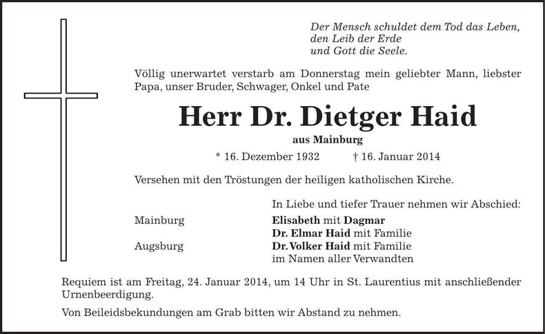 Traueranzeige Dietger Haid