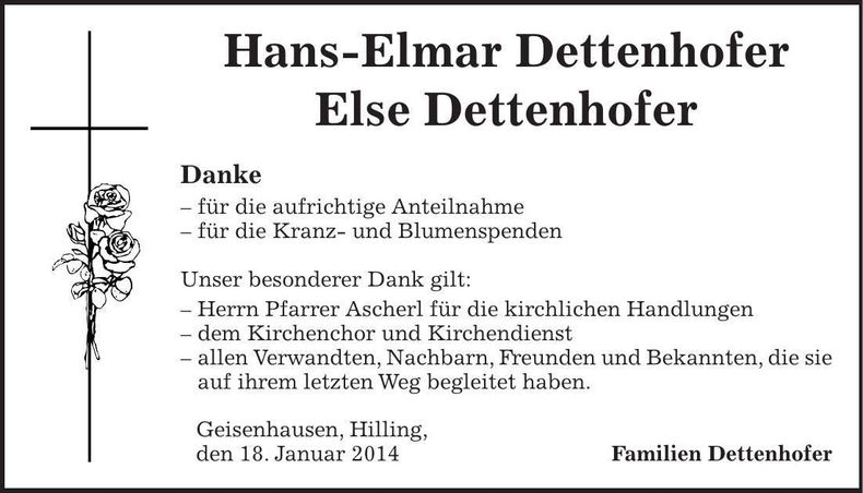 Traueranzeige Hans-Elmar und Else Dettenhofer