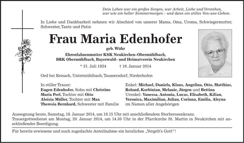 Traueranzeige Maria Edenhofer