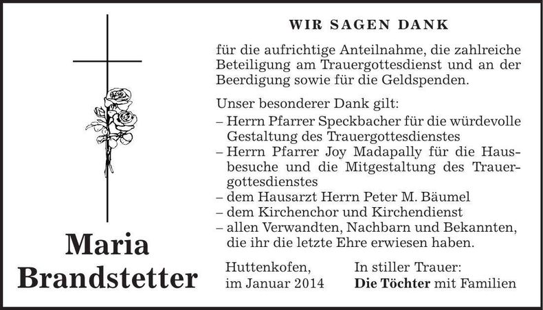 Traueranzeige Maria Brandstetter