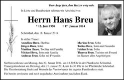 Traueranzeige Hans Breu