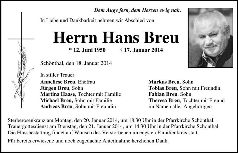 Traueranzeige Hans Breu