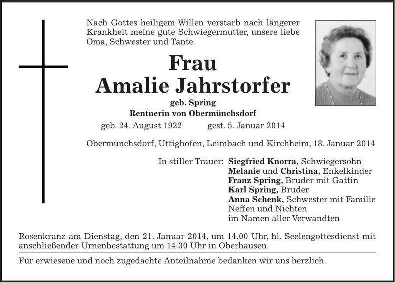 Traueranzeige Amalie Jahrstorfer