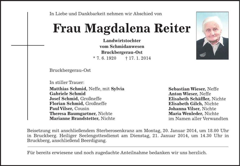 Traueranzeige Magdalena Reiter