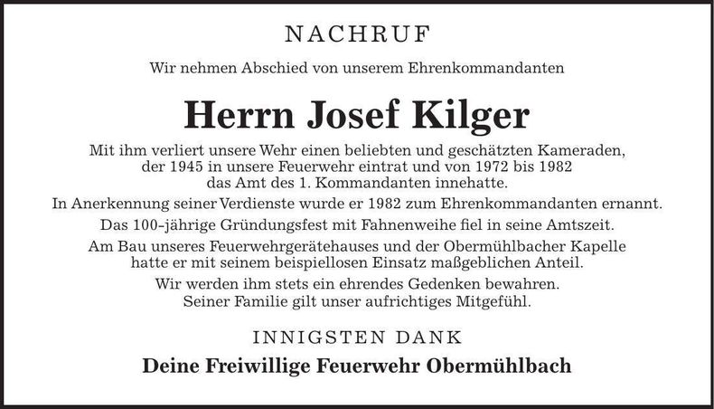 Traueranzeige Josef Kilger