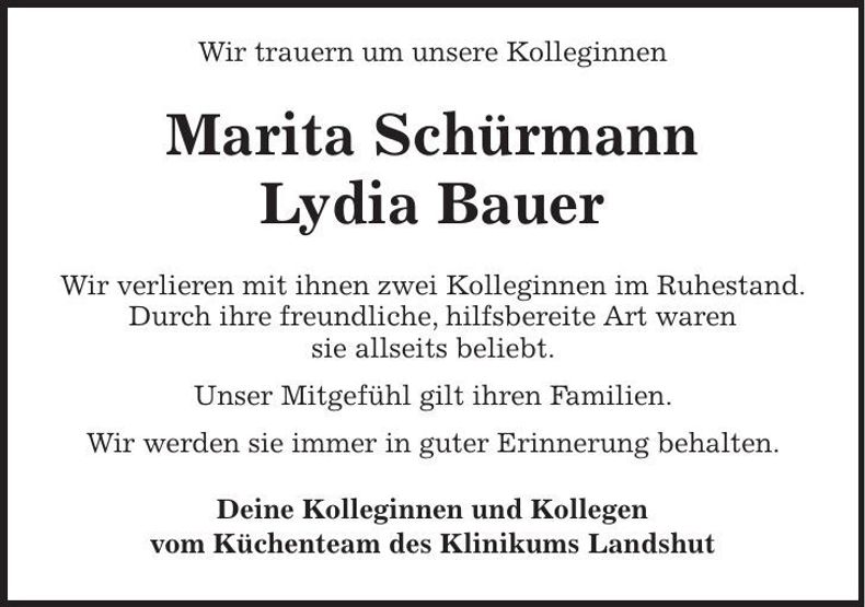 Traueranzeige Marita; Lydia Schürmann; Bauer