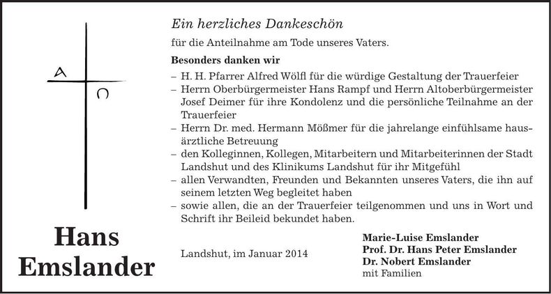 Traueranzeige Hans Emslander