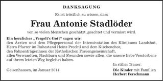 Traueranzeige Antonie Stadlöder