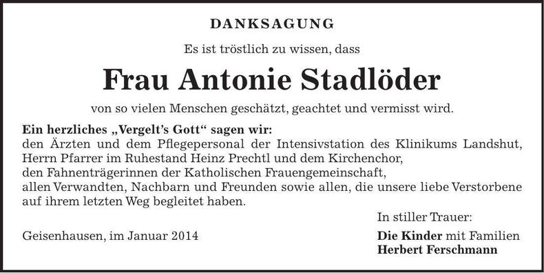 Traueranzeige Antonie Stadlöder