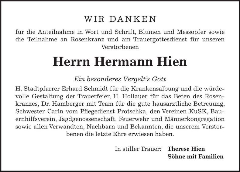 Traueranzeige Hermann Hien