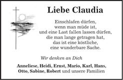 Traueranzeige Claudia Brett
