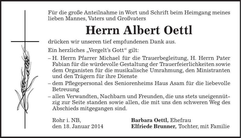 Traueranzeige Albert Oettl