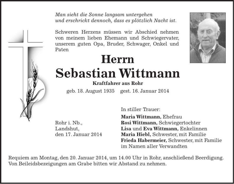 Traueranzeige Sebastian Wittmann