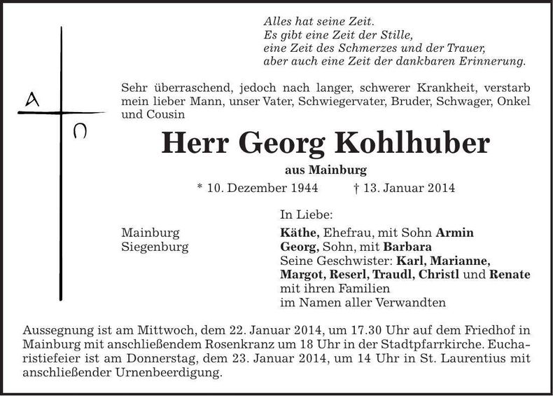 Traueranzeige Georg Kohlhuber