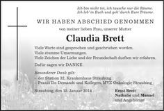 Traueranzeige Claudia Brett