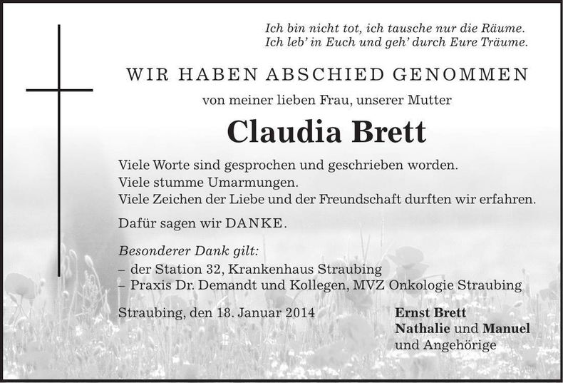 Traueranzeige Claudia Brett