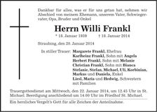 Traueranzeige Willi Frankl