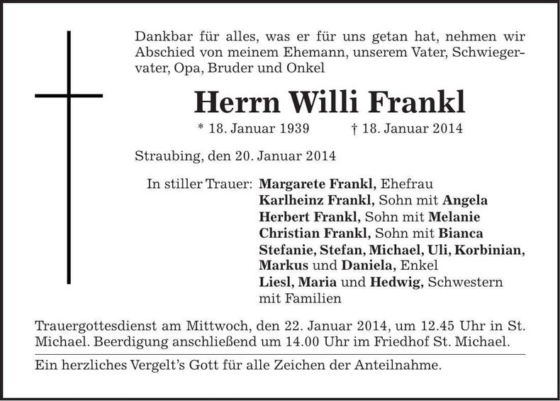 Traueranzeige Willi Frankl